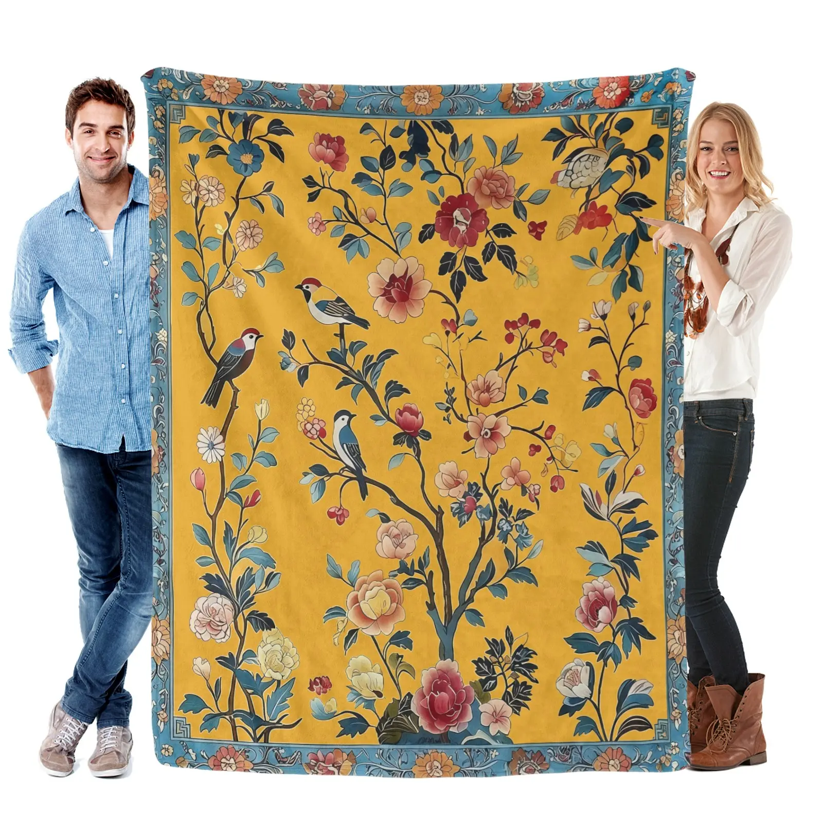 Vintage Floral Bird Fleece Blanket - Soft, Cozy Cottagecore Throw with Botanical Nature Artwork, Wrinkle Resistant Modern Yellow Home Item for Sofa Bed, Customized Larger One for Cozy Setup, Vintage Home Decor Gift, Durable