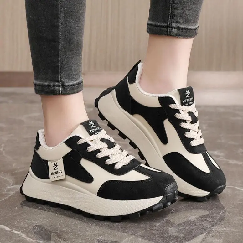 Women Retro Black & Beige Color Block Running Sneakers,4cm Hidden Height Increase Platform Casual Shoes,Non-slip Rubber Sole All Season Vintage Trainer Footwear #Hashtag：#WomensCasualShoes #VintageTrainers #HeightBoostShoes #OOTDFootwear