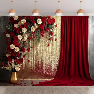 Rose & Glitter Curtain Backdrop, 1 Count Romantic Elegant Wedding Party Background, Wall Decoration for Birthday Anniversary Party, Banner, Sequins Backdrop Decoration