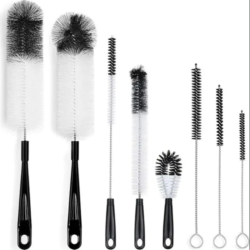 8pcs Bottle Cleaning Brush Set - Long Handle Black Bottle Cleaner, Suitable for Cleaning Slim Wine/Water/Thermos/Shaker/ Sports Water Bottle/ Kettle/ Straw/ Cap Detail Cleaner, Bottlewasher, Bottle Cleaning Kit