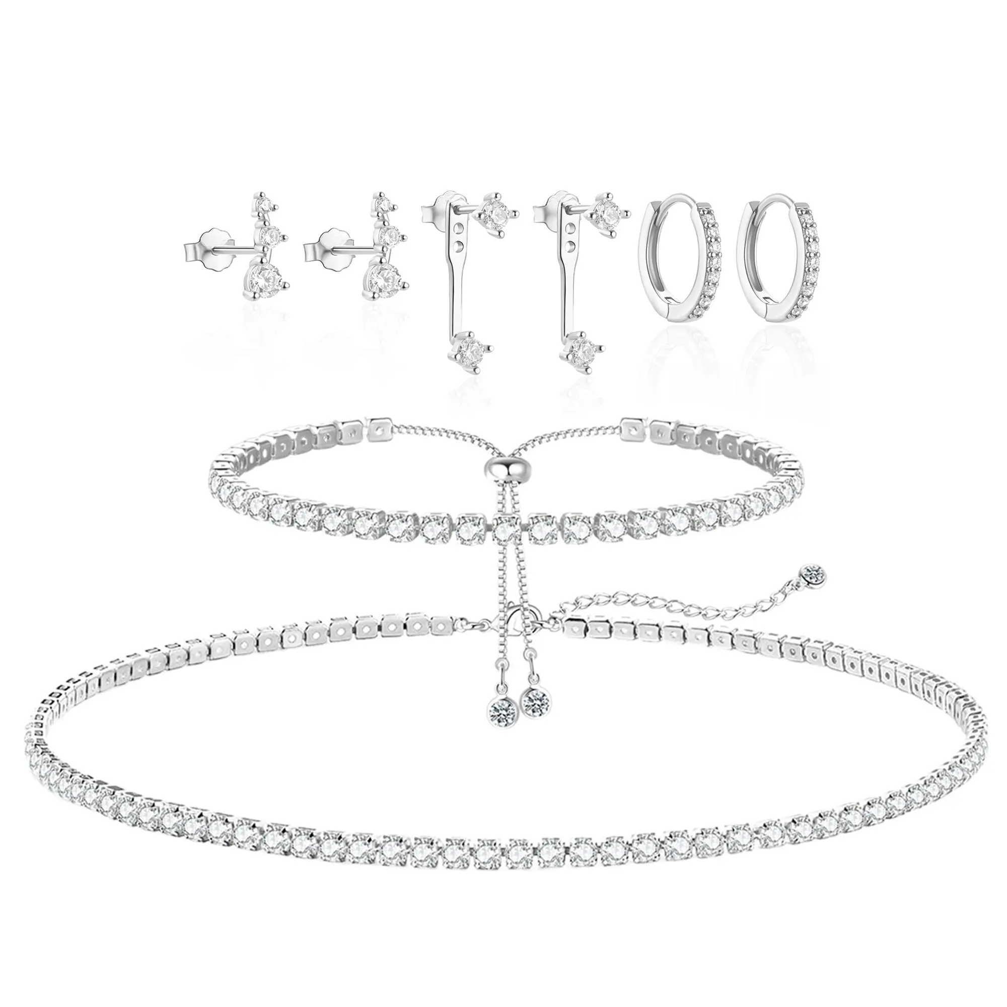 Sparkling Cubic Zirconia Tennis Jewelry Set – Silver Choker Necklace + Link Bracelet + 3 Pairs Earrings, Iced Out Bling Bridal Bridesmaid Wedding Party Prom Jewelry for Women, Luxury Diamond Simulant CZ Jewelry Set, Adjustable Size, Lead & Nickel Free
