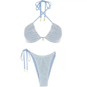 Women's Triangle Bikini Multiway Fishnet Tie Side Bandeau Halter String Bikini Set Two Piece Swimsuit Bathing Suits