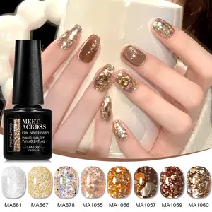 Meet Across 8 Colors Glitter Sequins Gel Nail Polish Set, Gel Nail Art, Shiny Effect Semi-Permanent UV LED Gel, Manicure DIY Nail Supplies