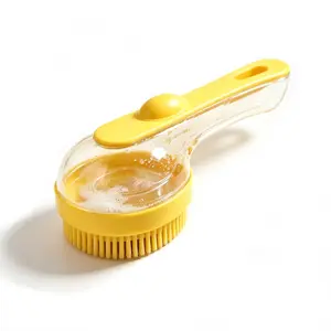 Dog Bath Brush, Cat Bath Brush, Silicone Grooming Brush with Long Handle, Press to Dispense Shampoo, No Hair Damage, Deshedding Massage for Short Hair Dogs Cats