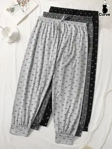 Plus Size Women's All Over Bow Print Knot Front Elastic Waist Knit Pajama Pants Pjs, Loose Fit Casual Comfy Breathable Jogger Pants for Daily Home Wear, Women's Sleepwear for All Seasons, Loungewear, Homewear, Womenswear