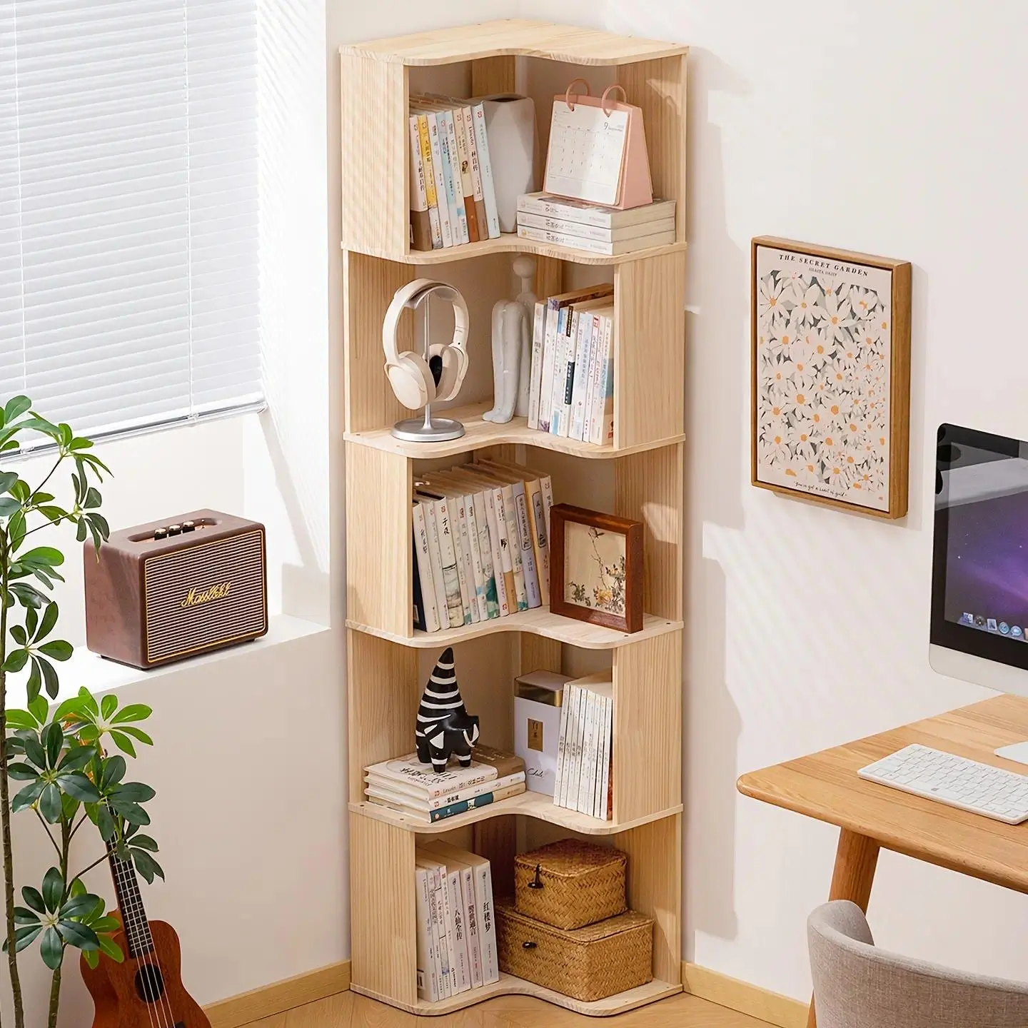 summerwins L-Shaped Solid Wood Corner Bookshelf - Modern Office Furniture, 3/5-Layer Floor-Standing Multifunctional Bookshelf, Small Room Organization Product, Light Brown Space-Saving Home Decor for Living Rooms, Assembly Required