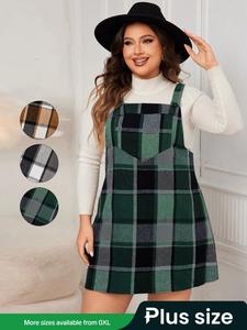 plus size women's plaid pinafore dress without top, casual fitted style for fall & winter, comfortable knit fabric for everyday wear