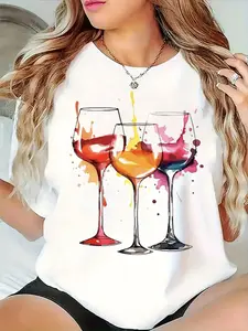 Women's High-Cup Print Round Neck Short Sleeve T-Shirt, Comfortable Casual Everyday Fit Wear, Fashionable Leisure Tee, Perfect for Spring & Summer, Womenswear