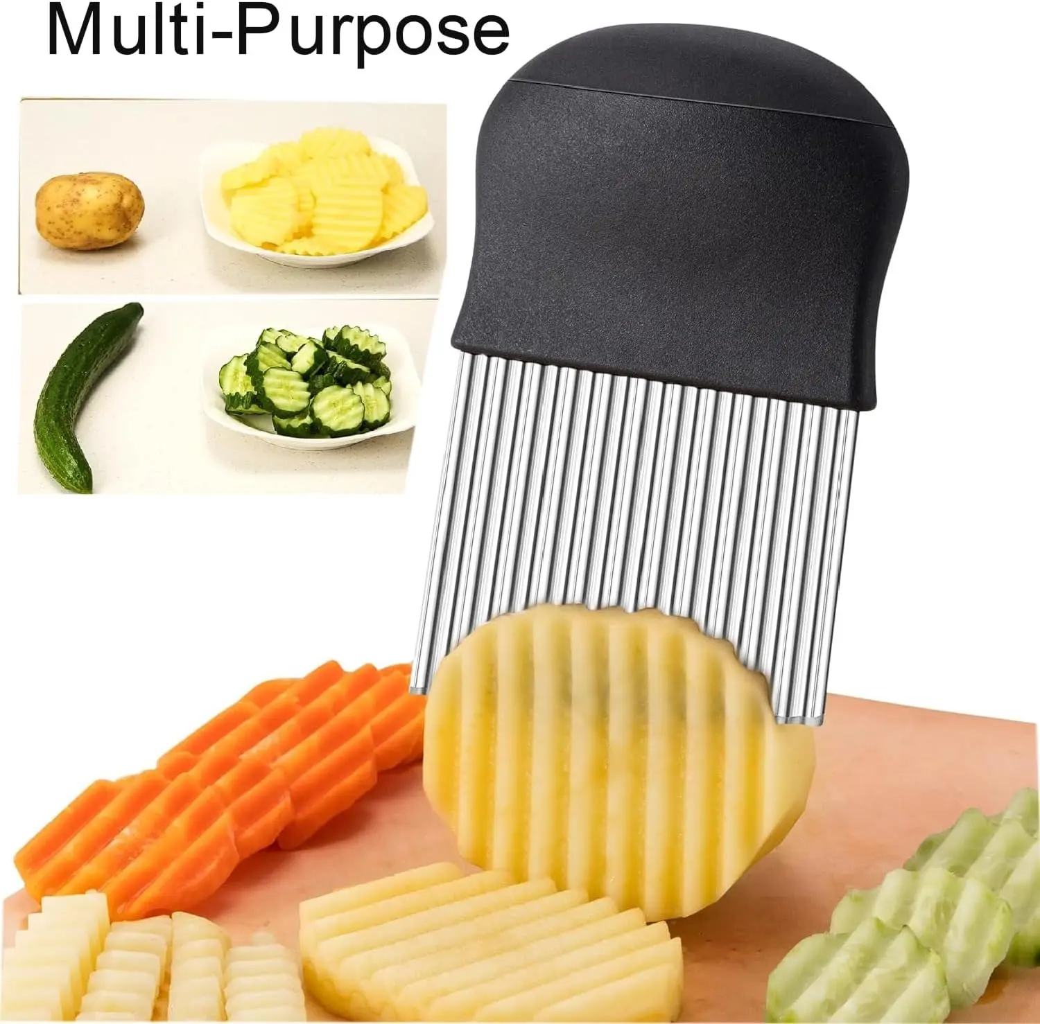 2pcs Potato Crinkle Cutter, Stainless Steel Ripple Knife with Non-Slip Handle, Kitchen Tool for French Fries, Vegetables, Black