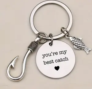 "You're My Best Catch" Round Lettered Stainless Steel Fish Hook Keychain Pendant, Fish Motif Romantic Fashion Accessory, Ideal Gifts for Fishing Enthusiasts & Boyfriend Gifts Ideas outdoorfun