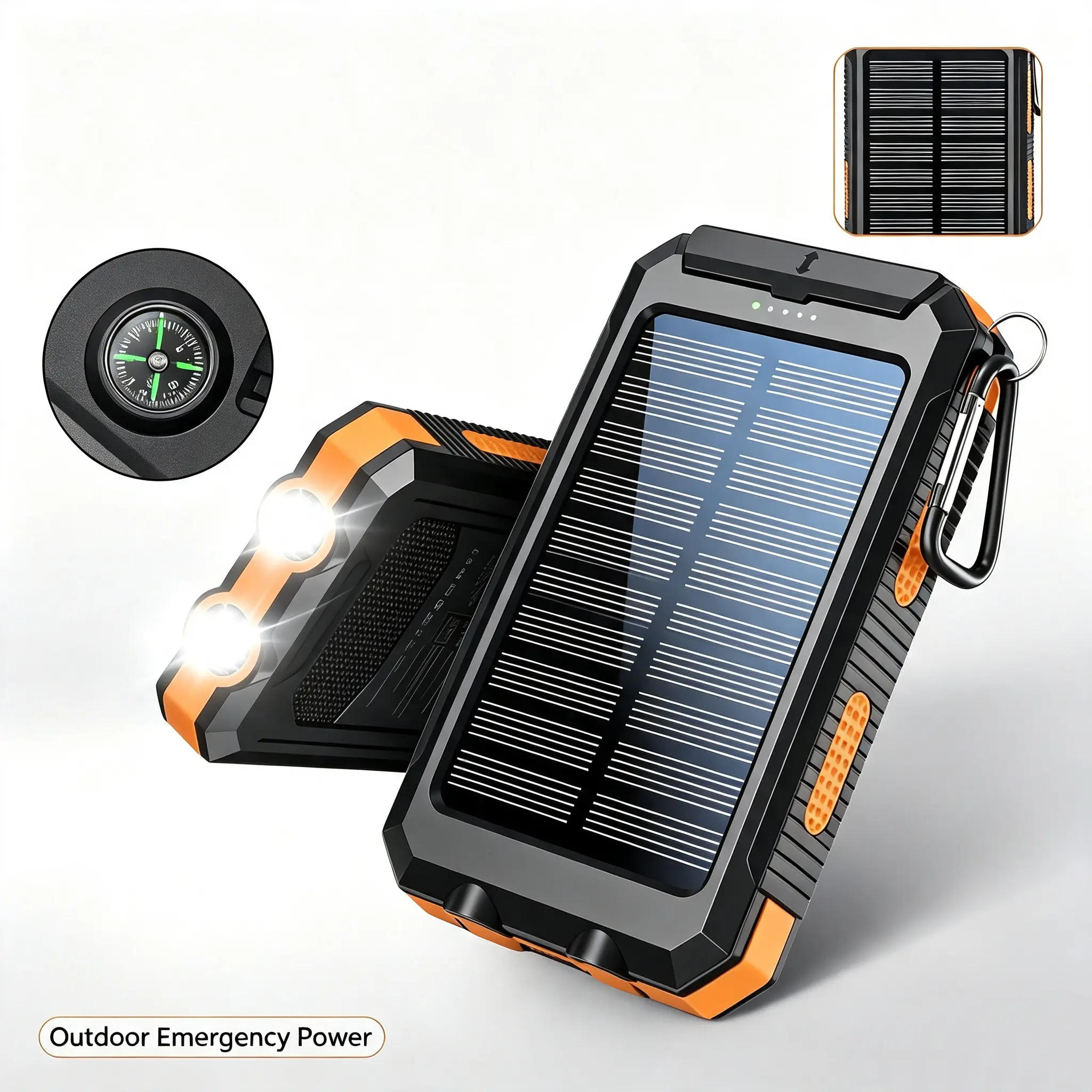 10000mAh Solar Battery Power Bank - Camping Gadget with 3 USB Ports, LED Flashlight, Compass for Outdoor Charging of Devices, Gadgets