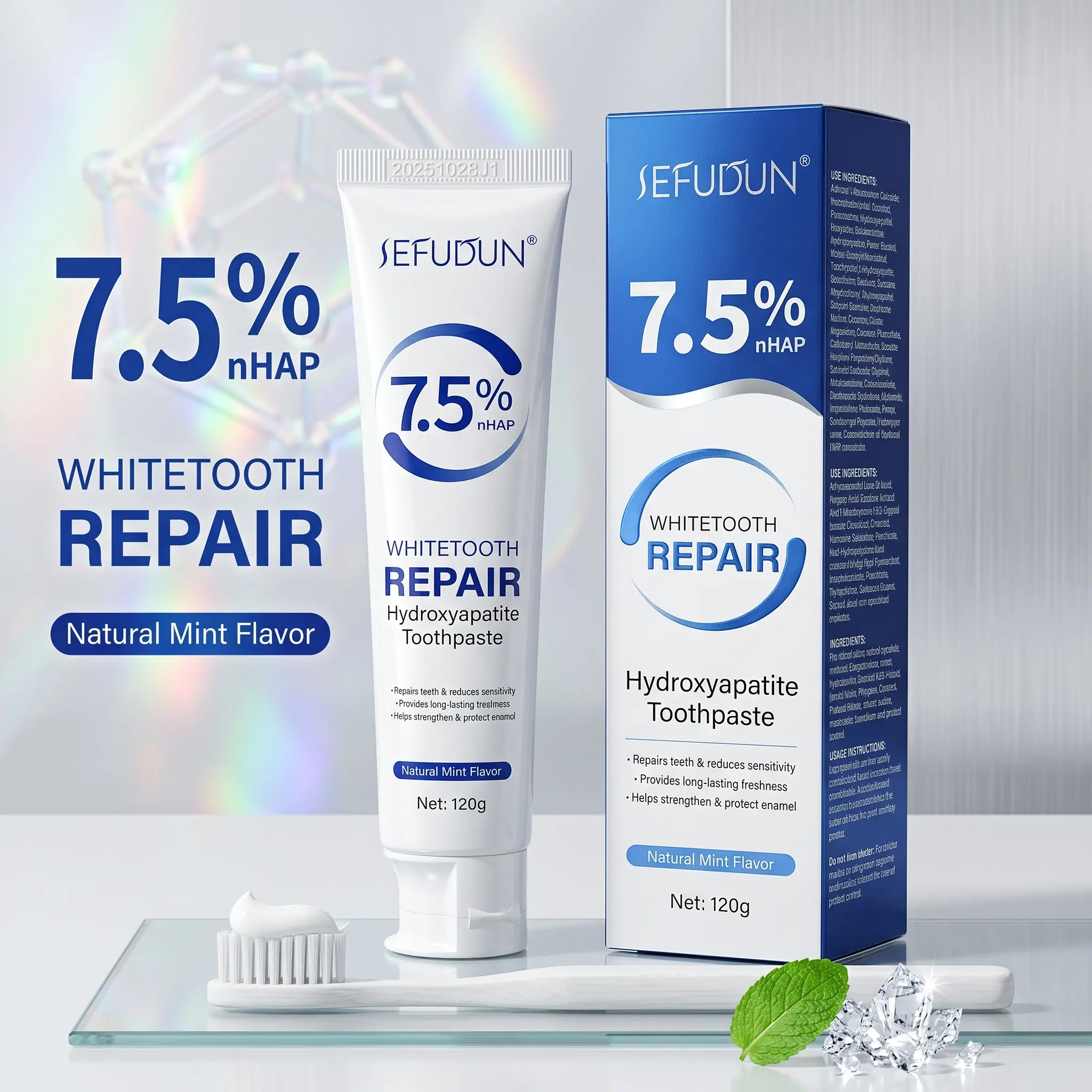 7.5% nHAP Hydroxyapatite Toothpaste, Fluoride-Free Mint Flavor, Enamel Repair, Sensitivity Care, Remineralizing Daily Care Toothpaste, 120g, Remineralizing Toothpaste