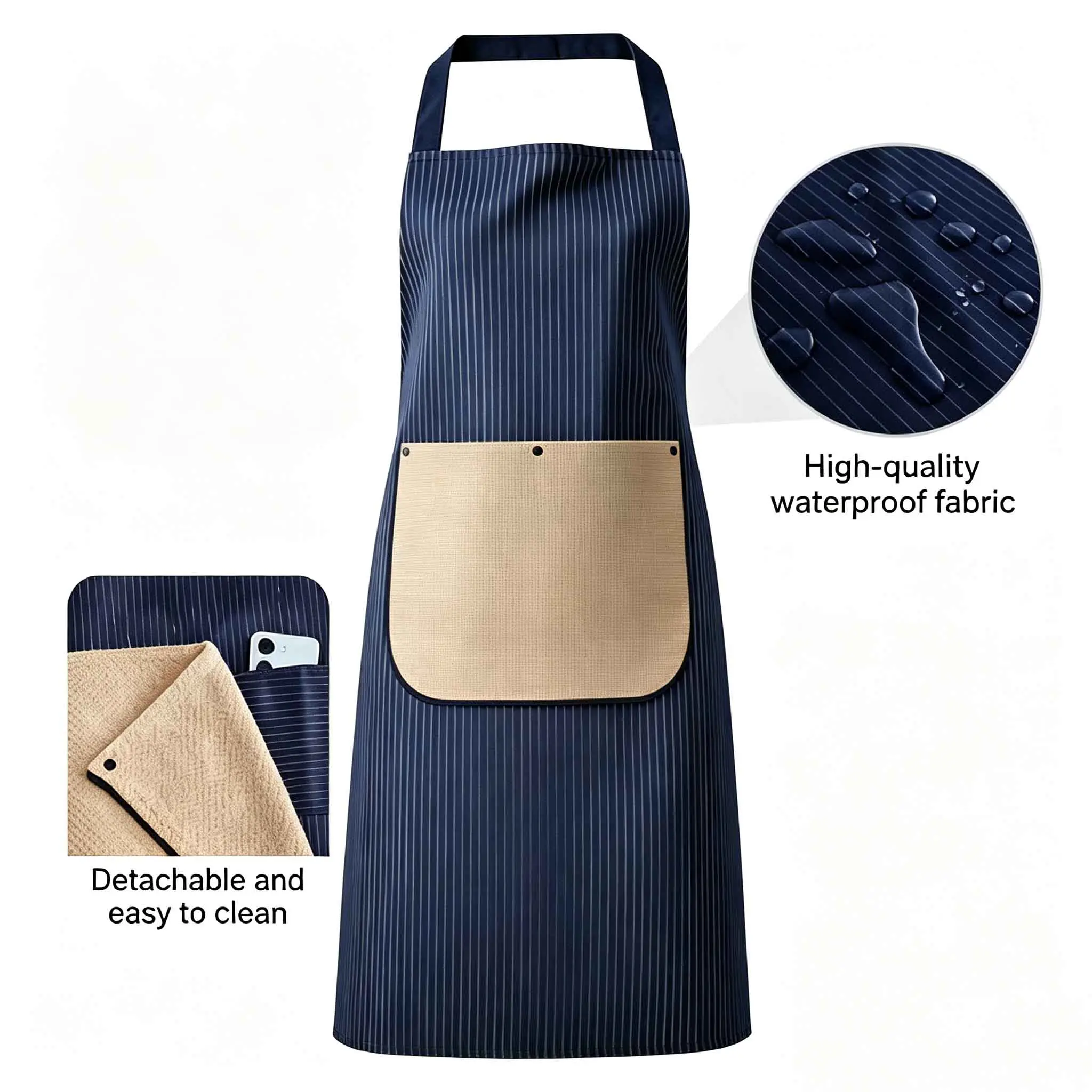 Unisex Casual Kitchen Apron - Strapless Design for Easy Wear & Removal, 3-Layer Composite Fabric with 3-Layer Protection, Detachable Towel, Waterproof Storage Pocket, All-Seasons Home Cooking Helper