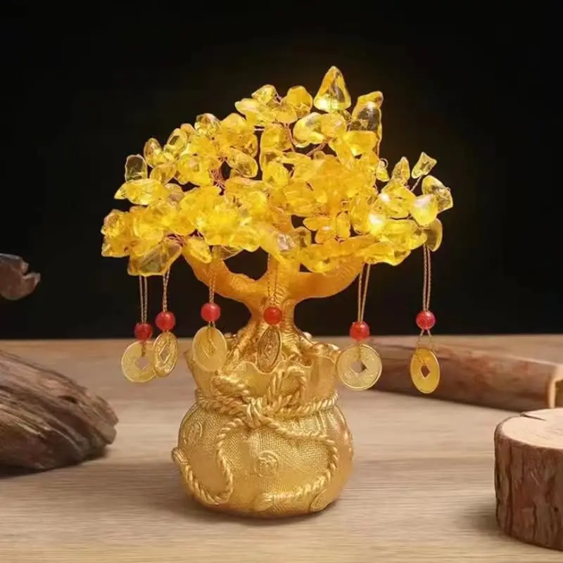 Golden Yellow Citrine Crystal Bonsai Money Tree with Arbitrary Leaves (6x3x7"), Feng Shui Ornament, Home Office Decoration Items, Blessing Bag Included, Home Supplies Gift, Good Luck