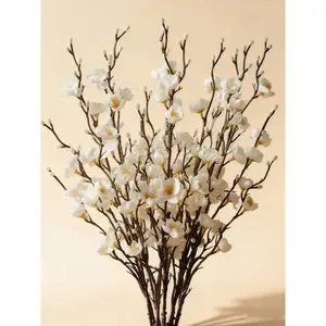 12/24pcs Artificial White Plum Blossom 21.7'' Silk Plastic Faux Flowers Home Decoration Bouquet Gifts for Women Home Hotel Office Wedding Party Garden Centerpieces All Season Decorative Ornaments with Free Gift Cabinet Bows for Christmas Party