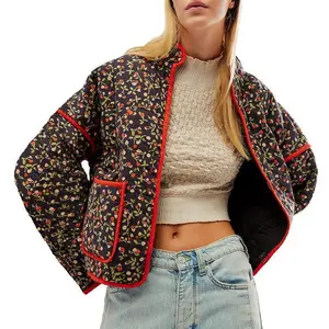 Women's Cropped Puffer Jacket Lightweight Floral Print Long Sleeve Padded Quilted Puffy Cardigan Coat Womenswear Check