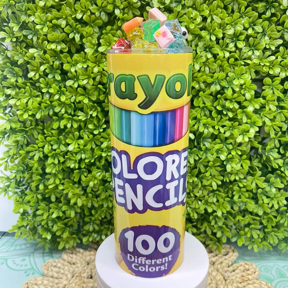 20 oz straight tumbler with 3d topper decorated either ice cubes and charms Drinkware Handmade Colorful Cup Reusable Straw and Plastic  Lid