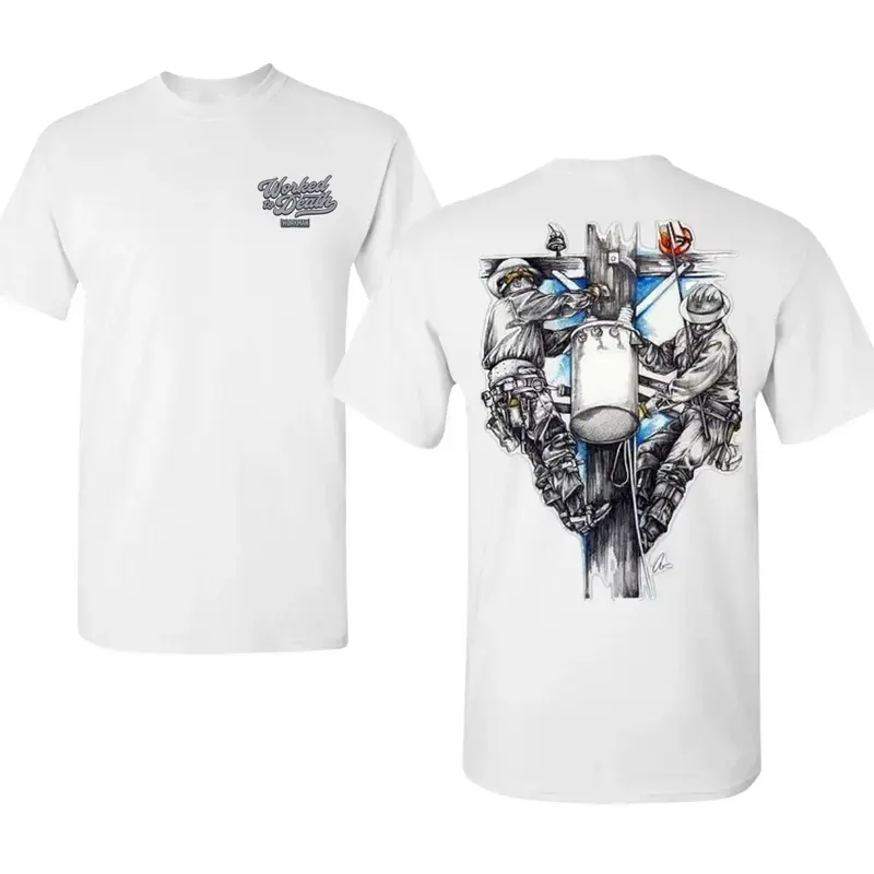Worked To Death Lineman Shirt, Power Line Worker Graphic Tee, Utility Pole Climbing Back Print, Small Chest Logo Front, Soft Cotton Blend T Shirt, Blue Collar Electrical Workwear for Men & Women, Gift for Linemen