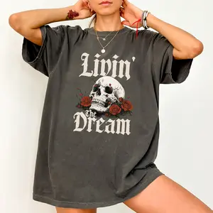 ChicCotton Gothic Livin' The Dream Comfort Colors Shirt, Vintage Distressed Skull T-shirt, Halloween Skull Graphic Tee, Indie Scary Face Clothing