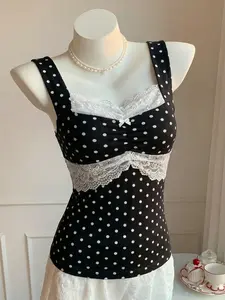 Women's New Fashion Vintage Elegant Cute Comfortable Fitted Slimming Lace Bodycon Cami Bow Neckline Polka Dot Sleeveless Strapless Womenswear Vest Top, Stylish and Comfortable