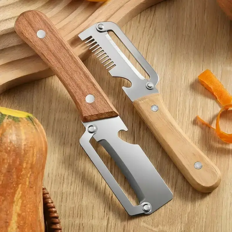 (4/2 Pcs)Multi-Functional Vegetable Peeler for Kitchen, Ultra-Sharp Stainless Steel Blade with Wooden Handle and Bottle Opener, For Vegetables or Fruits that Need to Be Peeled, Peeler Kitchen Tool【Summervibes】
