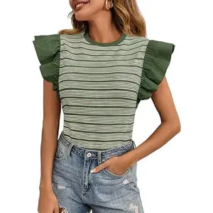 Tankaneo Womens Ruffle Striped Tank Tops Summer Crew Neck Sleeveless Shirts Loose Fit Dressy Casual Blouse
