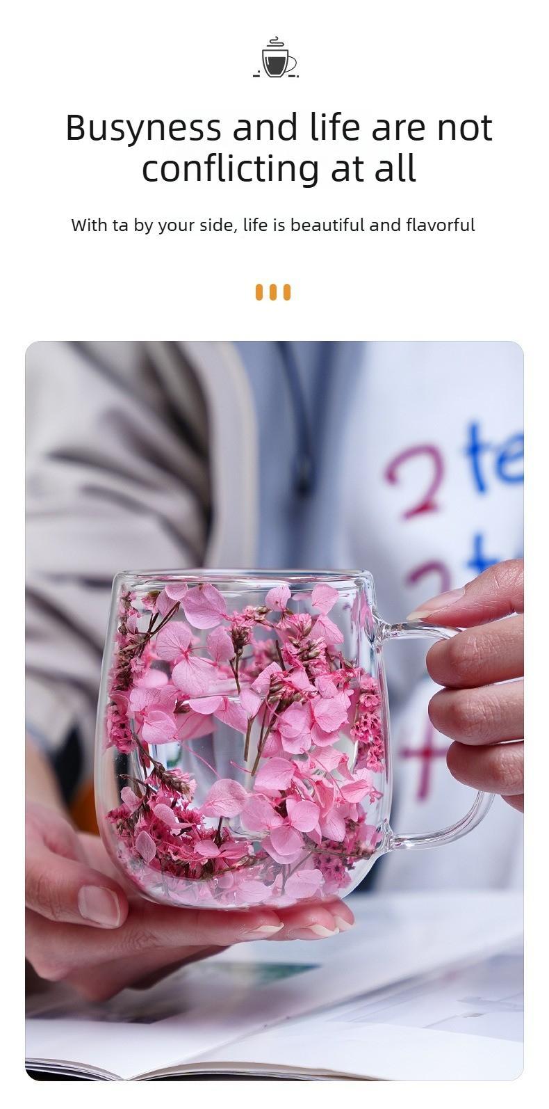 Double Glass Flower Tea Cup, 250ml Double Wall Glass Coffee Cup, Insulated Transparent Cup with Dried Flowers, Heat Resistant Drinkware Tumbler, New Year Gift.The top choice for Mothers Day Gift