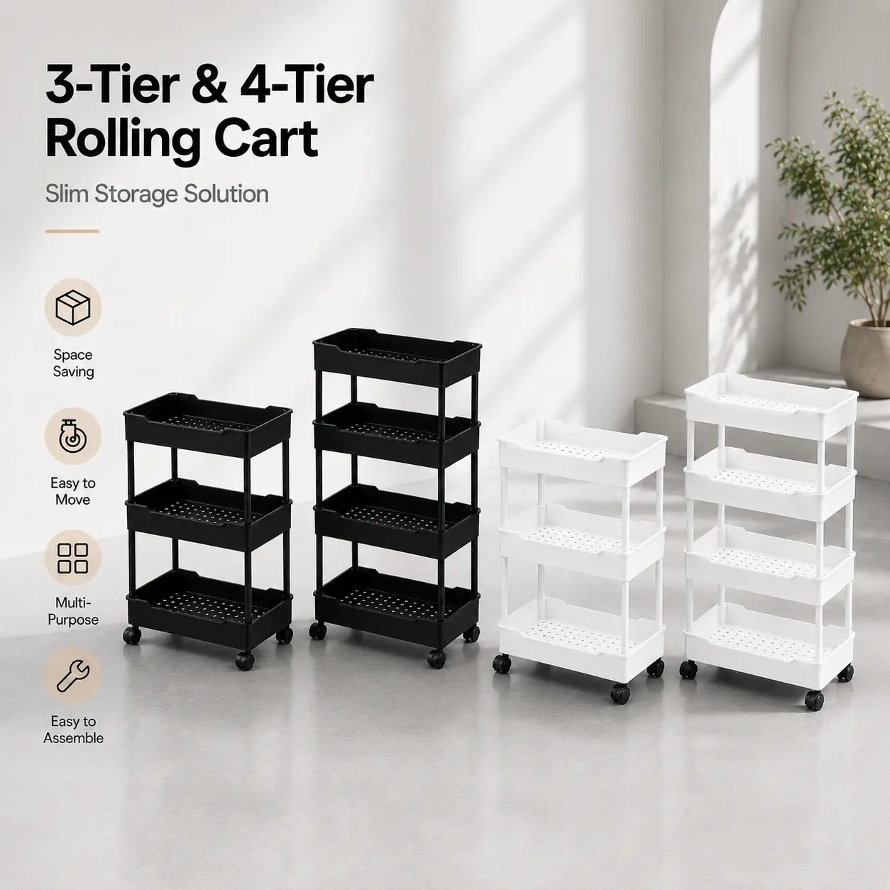 Rolling storage cart for multiple scenes, 3/4-tier detachable wheeled organizer, portable movable shelving cart for home organization in small spaces
