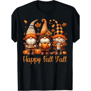 Happy Fall Y'all Autumn Gnomes Thanksgiving T-Shirt - Cozy Crew Neck Cotton Graphic Tee, Super Soft & Breathable for Layering, Casual Short Sleeve Top Featuring Cute Gnomes with Pumpkins, Maple Leaves & Plaid/Striped Hat