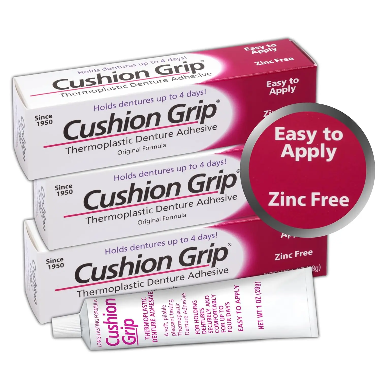 Cushion Grip Thermoplastic Denture Adhesive – Refits & Tightens Dentures, Works Like a Denture Reliner for Long-Lasting Comfort, Holds Up to 4 Days, Waterproof & Zinc-Free - 1 oz (Pack of 3)