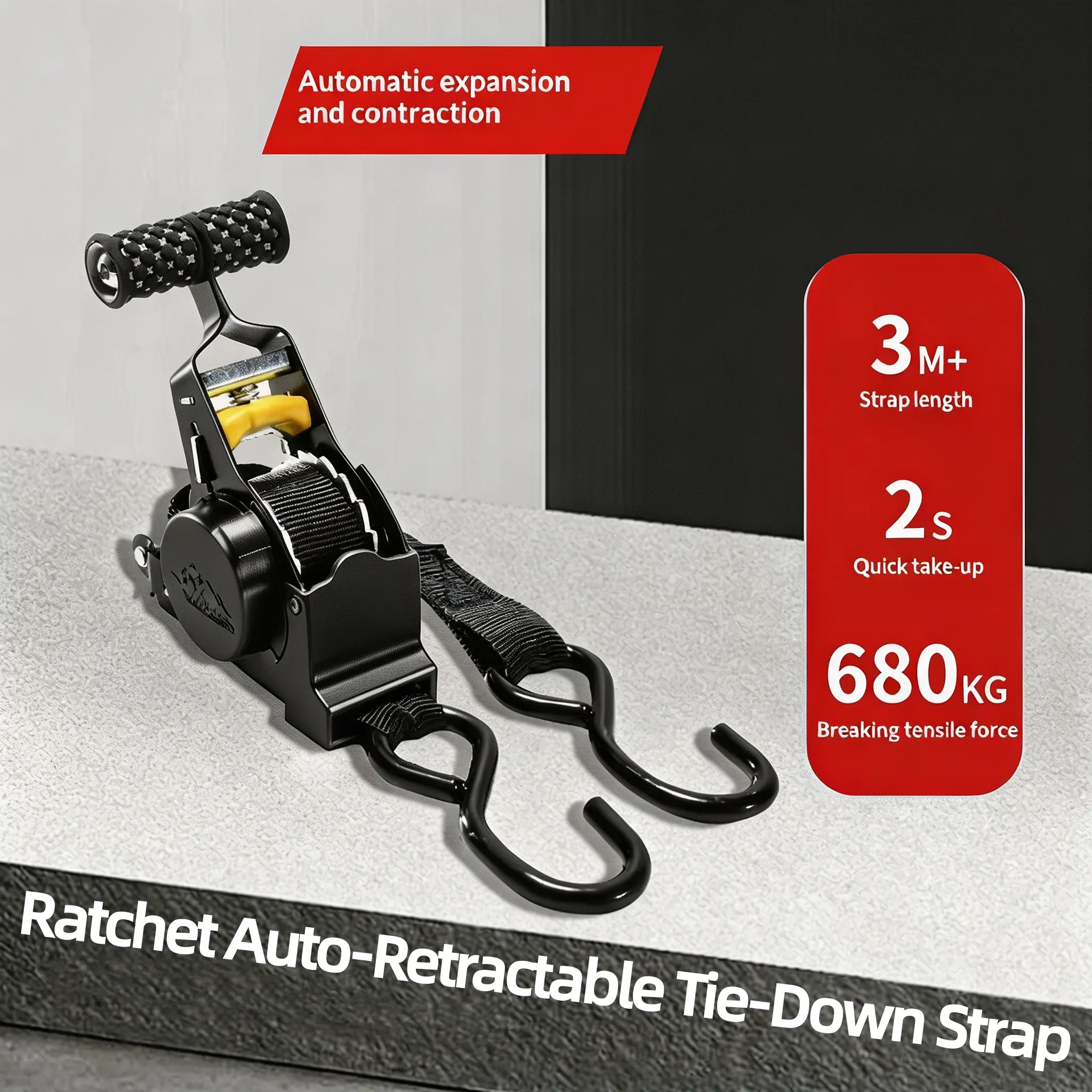 Ratchet Auto-Retractable Tie-Down Straps, maximum length up to 10 ft. Adopted heavy-duty retractable belt design, fitted with safety S-hooks and soft loop protectors. Widely applicable for trucks, motorcycles, and home moving cargo fixation tiktokshopspri
