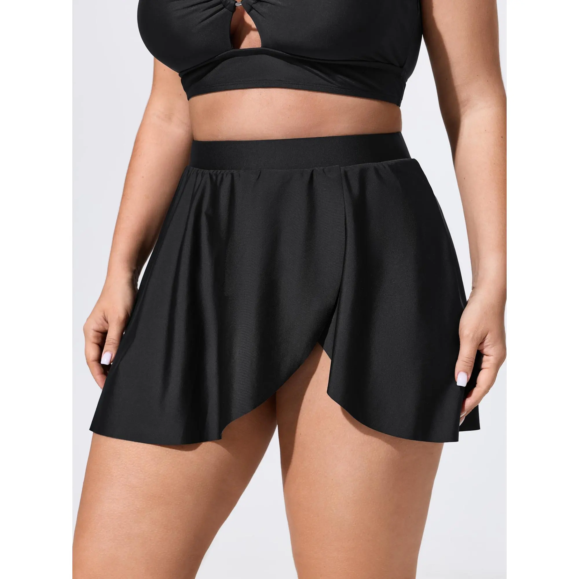 BloomChic Plus Size Swim Skirts, Solid High Rise Nylon Swim Bottom with Detachable Flowy Skirt, UPF 50 Sun Protection, Female, Skirted