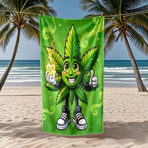 Happy Cannabis Leaf Character Beach Towel - Ultra Soft Absorbent Microfiber, Quick Dry Pool & Travel Towel for Adults, Fun Design, Microfiber Towels