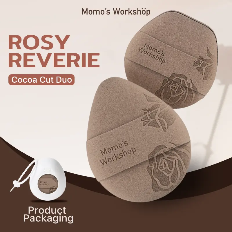 Momo's Workshop Rosy Reverie TATATMI Cocoa Cut 2 Pcs Beauty Puff Set, Double-Sided Egg-Shaped Polyurethane Rubycell for Liquid Foundations, Non-Absorbent, Fast-Blending, Soft, Fluffy, Bouncy, Travel-Friendly, Integrated Ribbon, Cosmetics Storage Case