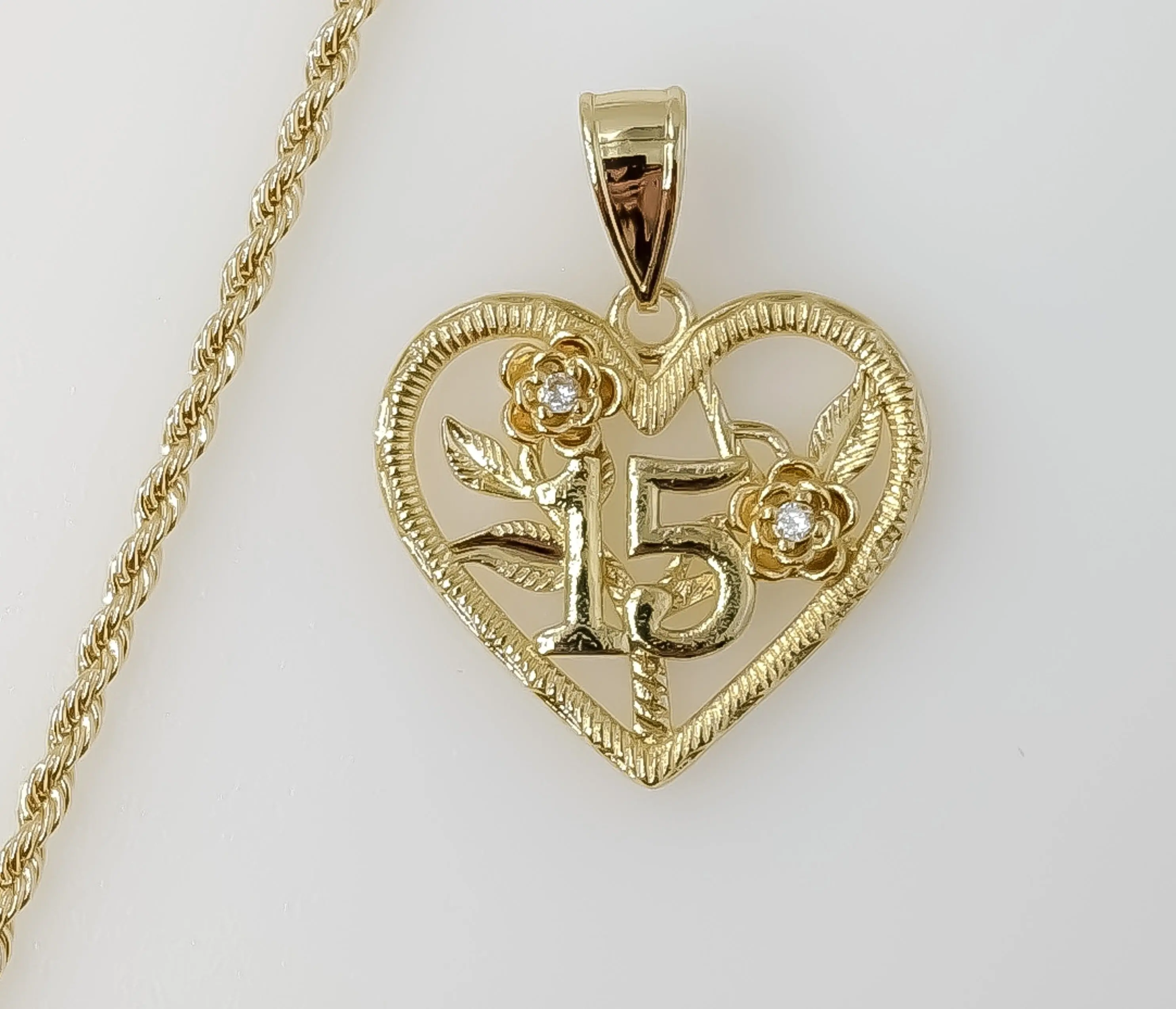 Plated Heart "My 15" Quince 2mm Rope/Braided Chain Necklace