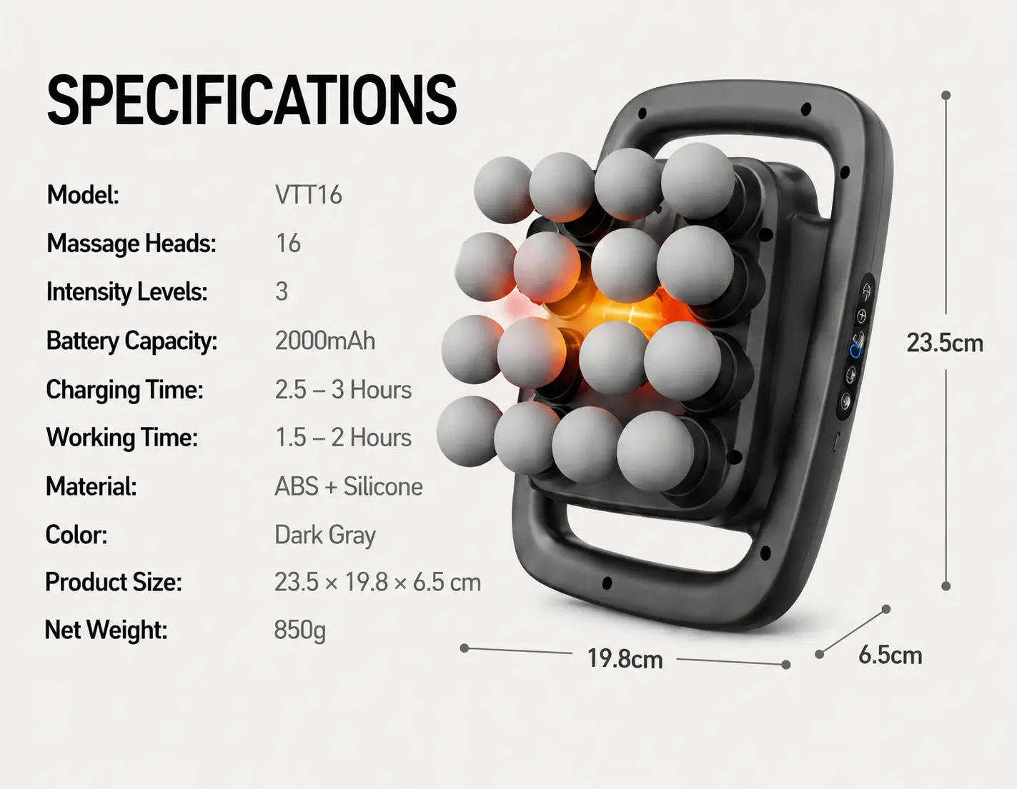 VTT 16-head deep-tissue fascia gun features 50 kg of impact force, 30 intensity levels, and 3 modes; it is an impact-style muscle massager suitable for full-body recovery and relaxation of the back, shoulders, legs, and feet.