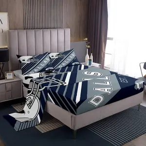 Feelyou 4-Pieces Microfiber Football Bedding Set - Stripe Pattern White Navy Blue Set with Fitted Sheet, Flat Sheet for Men (Dallas)