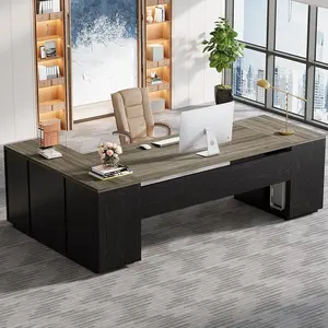 Tribesigns L-Shaped Executive Desk With Drawers, Cabinet & Shelves, Modern Office Furniture, Grey & Black