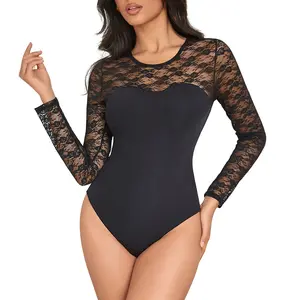 Women's Sheer Mesh Bodysuit Shirt Long Sleeve Lace Bodysuit for Going Out Cocktail Sexy Party Casual Black and Red and White Crew Neck Leotard Print Body Suit Top Valentine's Day Gift Comfortable Breathable Nylon Chic Body Suit Outfit Womenswear Crewneck