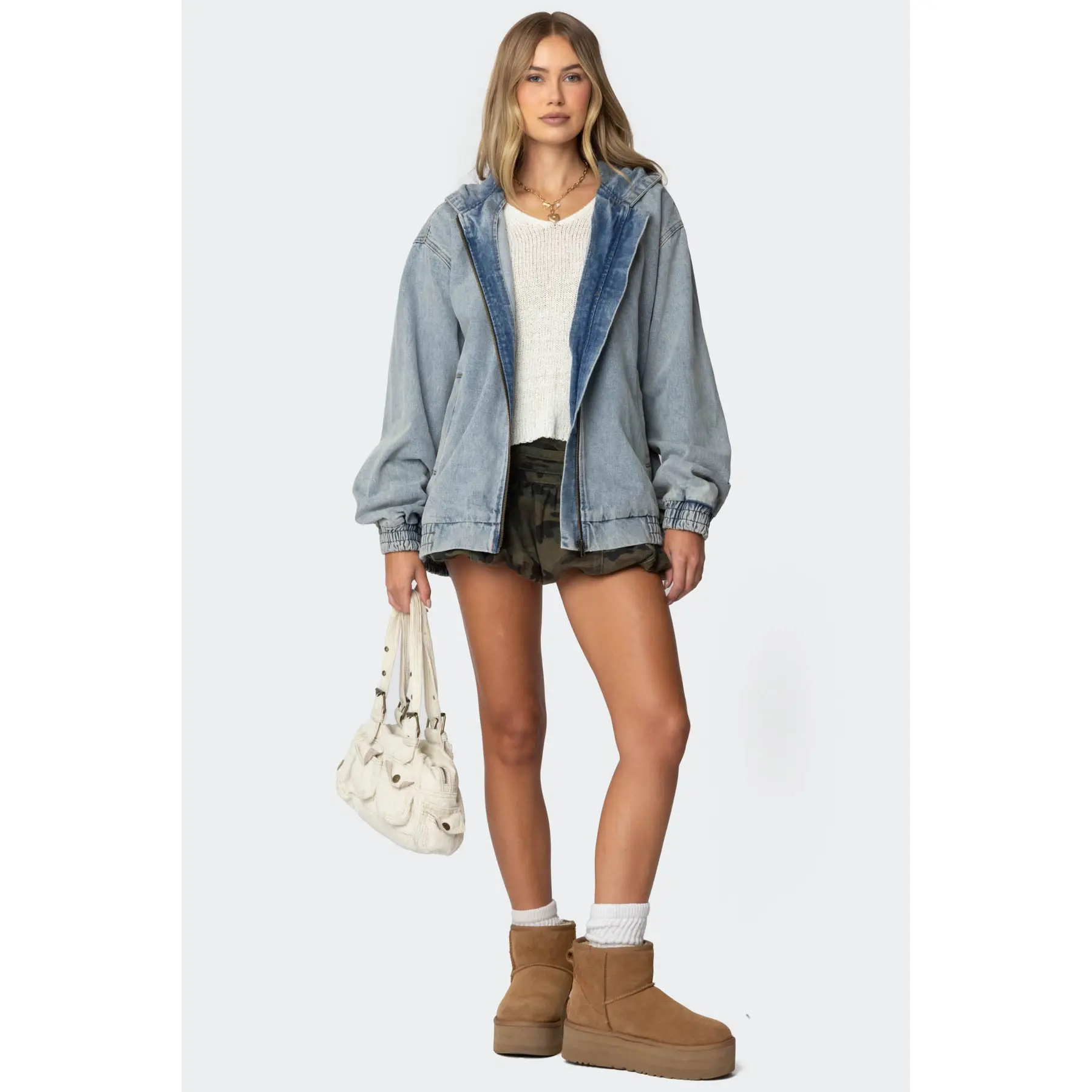 Hooded Vintage Washed Denim Bomber Jacket Hooded Vintage Washed Denim Bomber Jacket