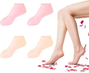 2 Pairs Silicone Socks for Dry Cracked Feet, Women's Foot Socks for Moisturizing (Pink & Beige, Fits Up to Size 9)
