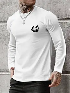 Men's Round Neck Long Sleeve T-Shirt, Evil Smile Print Design, Casual Fashion Fitted Pullover, Soft Comfortable Knit Spring & Fall Wear, Menswear
