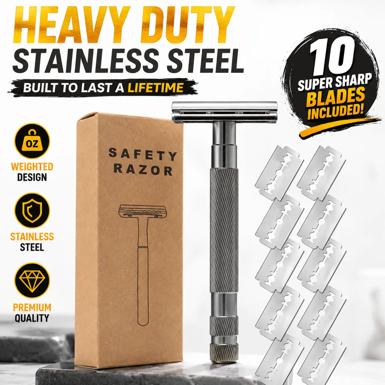 Men's Classic Double-Edge Double-Sided Safety Razor with Durable Weighted Alloy Handle - Traditional Design for Smooth Shave, Includes 10 Blades, All Metal Shaver, Daily Shaving Tool, Stick, Unscented, Manual Shaving, Single Item, Box