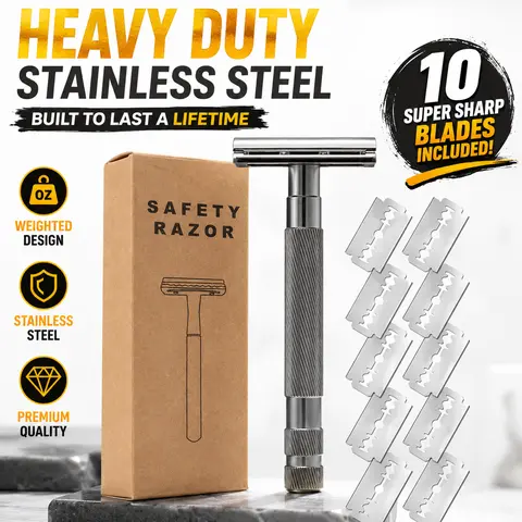 Men's Classic Double-Edge Safety Shaver Razors - Durable Weighted Alloy Handle, Traditional Design Daily Shaving Tool for Clean, Smooth Shaves, 10 Unscented Blades, All-Metal Boxed Single Item