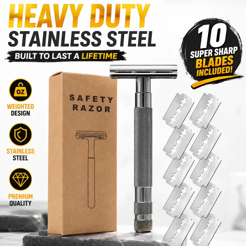 Men's Classic Double-Edge Safety Shaver Razors - Durable Weighted Alloy Handle, Traditional Design Daily Shaving Tool for Clean, Smooth Shaves, 10 Unscented Blades, All-Metal Boxed Single Item
