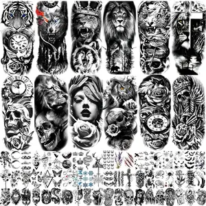72 Sheets Temporary Tattoo for Men Women Adults, Include 12 Sheets Large Black 3D Realistic Tattoos Half Sleeve Temporary Tattoos, Include Black...