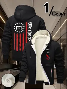 Men's 1776 American Independence Day Fleece Jacket, Fitted Long Sleeve Vintage Distressed Flag Hooded Zipper Military Style Warm Top for Winter Casual Wear Outerwear Zip Up Jackets
