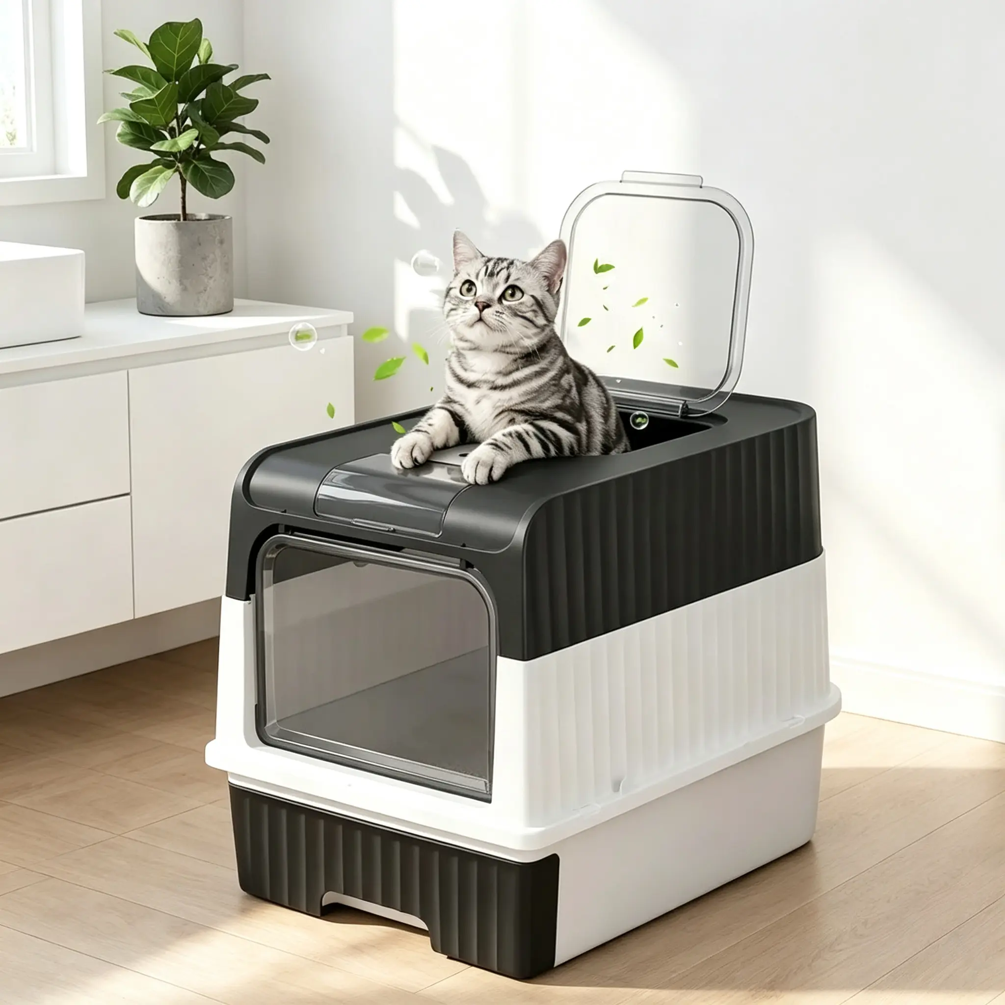 Foldable Enclosed Litter Box For Small Medium Indoor Cats Up To 15lbs Anti Tracking Top Exit Easy Scoop Drawer Tray Odor Control Grey Pink pet entry non-stick surface litterbox odor-lock high triple safety filter pedal odor-free disposal