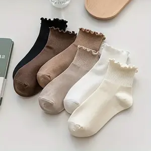 6-Pack Women’s Ankle Socks with Ruffled Edges – Soft, Breathable No-Show Socks for Spring/Autumn, 6 Solid Colors (Black/Brown/Beige/White/Light Brown) – Japanese-Inspired Fashion, Versatile for Casual & Formal Wear, Novelty Socks, Soft Texture