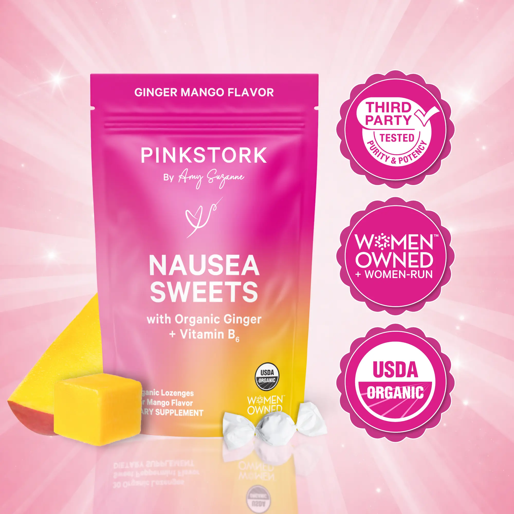 Pink Stork Nausea Support Sweets with Vitamin B6 | 3 Flavors Available | USDA Organic | Peppermint | Ginger | Dietary Supplements for Women